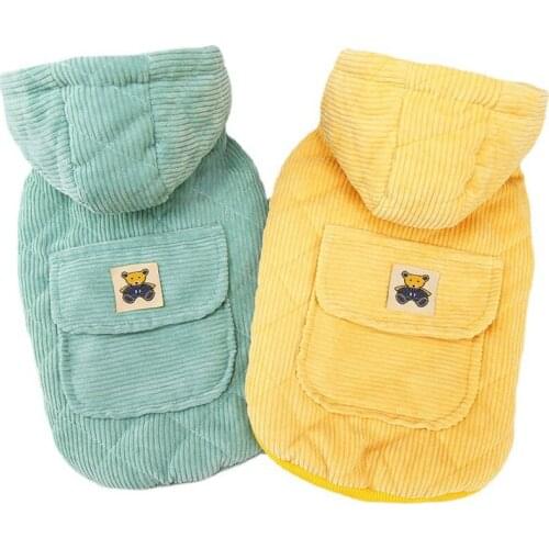 Thicken Fleece Pet Dog Clothes Winter Dog Hooded Coat Corduroy Jacket Costume Yellow Green Big Pocket Botton Dog Clothing Outfit
