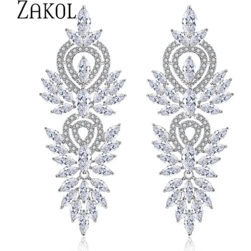 ZAKOL Vintage Leaf Wedding Party Jewelry Accessories Cubic Zirconia Big Long Luxury Bridal Drop Earrings For Women FSEP2181