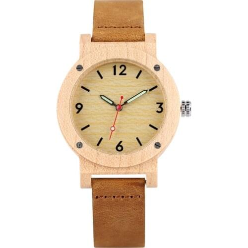 Womens Quartz Wooden Watch Leather Strap Wristwatch for Girl Luminous Wooden Watches for Ladies