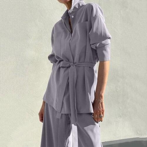 2021 Autumn New Women Retro Two Piece Set Long Sleeve Shirt and Wide Leg Pants Suits High Quality Casual Loose Belted Outfits