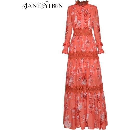 Janeyiren 2021 Spring Runway Elegant Party Dress Women Lace Patchwork Full Sleeve Vintage Floral Print Long Holiday Dress