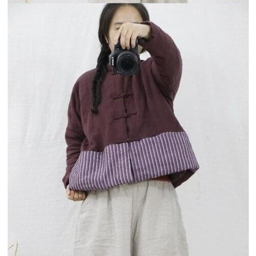 Women Linen Patchwork Padded Coat Short Parkas Ladies Vintage Spliced Striped Parkas Female Coat Outerwear Autumn Winter