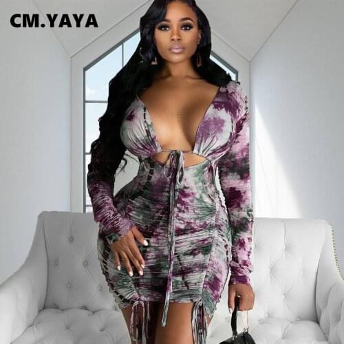 CM.YAYA Chest Hollow Out Backless Print Mini Dresses for Women Sheath Skinny Elastci Long Sleeve Dress Drawtring Design Sexy