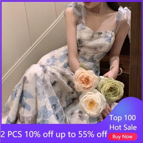 Strap dress for women summer beach floral printed chiffon sleeveless boho vestidos 6513