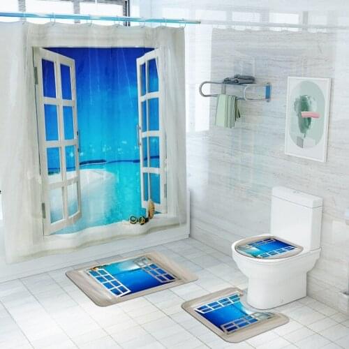 4pcs Bath Mats and Shower Curtain Modern Bathroom Decoration Bath Rugs Carpet Bathroom Bath Rug Printed Toilet Mats Washable