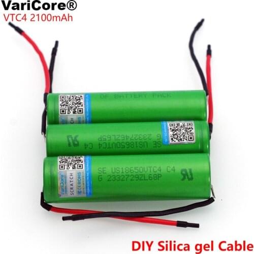 6pcs/lot VariCore Original 3.6V 18650 VTC4 2100mAh High drain 30A Rechargeable battery For US18650VTC4+DIY Silica gel Cable