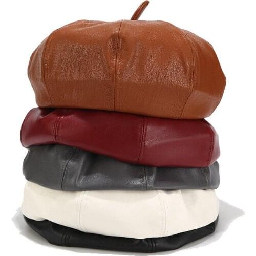 NEW Autumn Winter PU Leather Berets Hat Women Fashion Solid Vintage Beanie Ladies Casual Pumpkin Hat Fashion Painter Cap Female