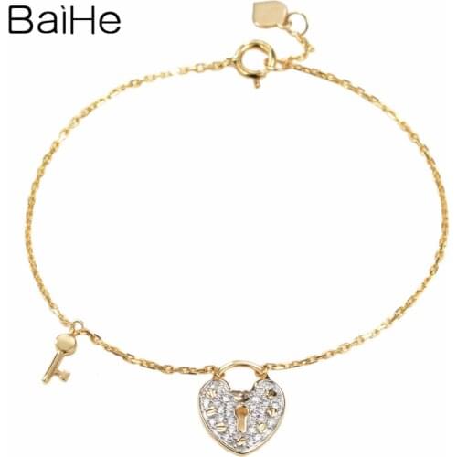 BAIHE Solid 18K Yellow Gold 0.13ct H/SI Natural Diamonds Bracelet Women Trendy Fine Jewelry Heart браслет lock key Bracelet