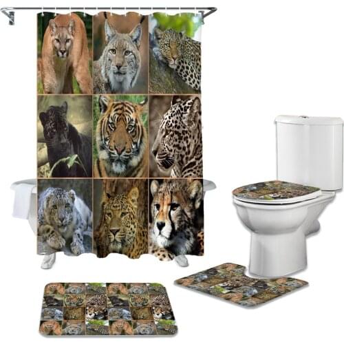 Animal Tiger Leopard Lion Shower Curtains Set Bath Mat Set Toilet Cover Bathroom Accessories Bathroom Rug Set