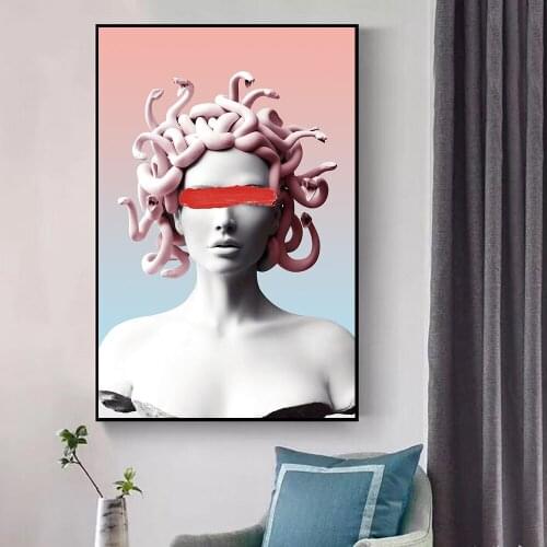 Pink Blue Medusa Cover Eyes Canvas Art Posters and Prints Vaporwave Sculpture Of Medusa Canvas Paintings on the Wall Pictures