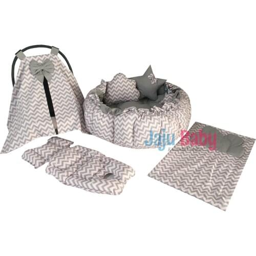 Jaju Baby Pink Zigzag-Gray Pattern Set Design Luxury Play Mat BabynestBabynest, Maternal Baby Bed, Retractable Play Mat