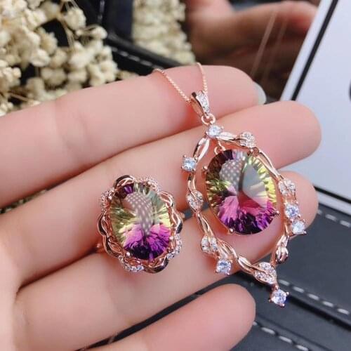 Recommend purple yellow ametrine gemstone ring necklace jewelry set 925 silver big size natural gem women party birthday gift