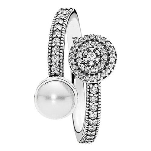 Sterling Silver Ring Radiant 925 Silver Open Ring Pearl Retro Elegant Womens Ring Ring Ms. Gift