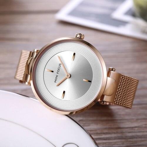 MINI FOCUS Fashion Quartz Women Watches Rose Golden Simple Ultra Thin Mesh Strap Minimalist Elegant Ladies Wrist Watch For Girls