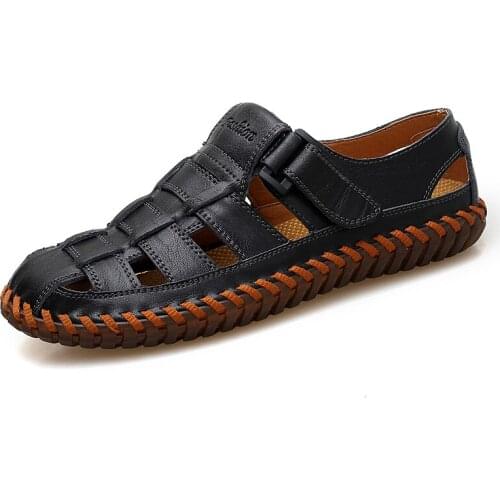 New Men Genuine Leather Sandals Handmake Sandals Soft Close toe Man Summer Outdoor Shoes Roman Beach Sandals Big Sizes 38-47