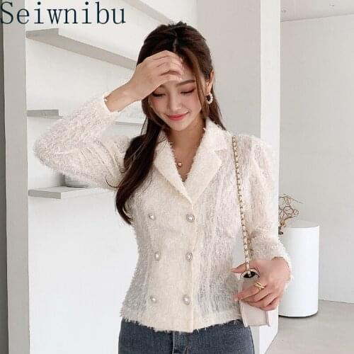 2020 Autumn Loose Chiffon Jackets Women Thin Suits Korean double breasted lapel Elegant Outerwear Long Sleeve Brand Basic Coats