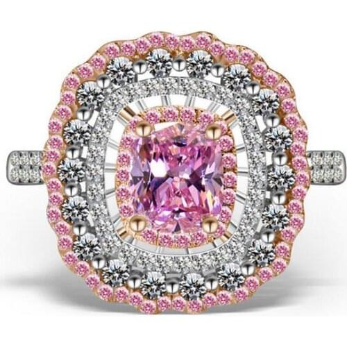 New Arrival Luxury Jewelry 18KT White Gold FIlled Cushion Shape 125PCS Pink&White 5A CZ Zirconia Women Wedding Crown Ring Gift