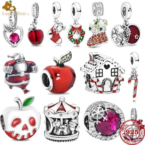 New Original Silver 925 Charm Red apple Santa Socks Home Bead pendant fit Pandora charms silver 925 bracelet DIY Christmas gift