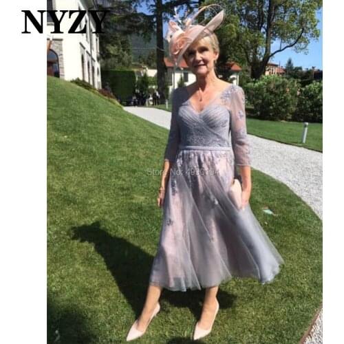 NYZY M304 Elegant V Neck 3/4 Sleeves Tulle Silver Grey Mother of the Bride Dresses 2020 Wedding Party Dress Formal Dress