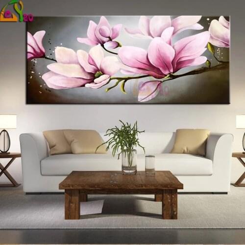 Full Drill landscape Mosaic Round Diamond Painting Pink Magnolia Diamond Embroidery Cross Stitch Kit Diamond Art Rhinestones