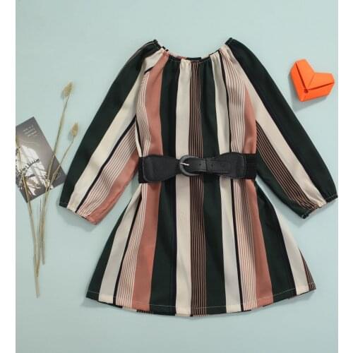 Girls Casual Two-piece Clothes Dress Set Stripe Printed Pattern Round Collar Long Sleeve Dress and Waistband