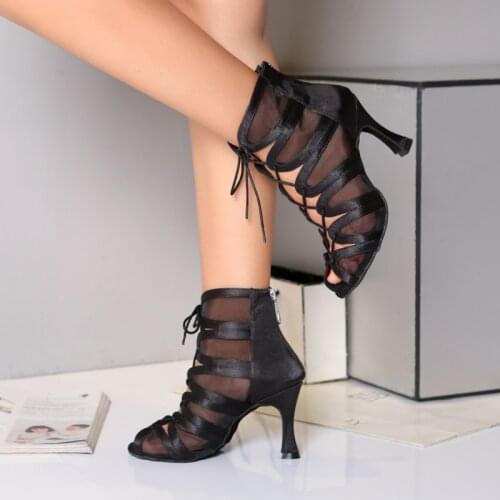 Women Social Ballroom Dance Boots Indoor Sports Shoes Professional Salsa Latin Lace-Up Sandals Net Surface Hollow Out Heels L444