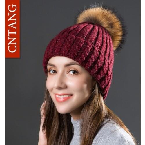 Classic Multiple Styles Beanies For Women Fashion Twist Knitted Wool Hat Autumn Winter Warm Hats Women Raccoon Fur Pompom Cap