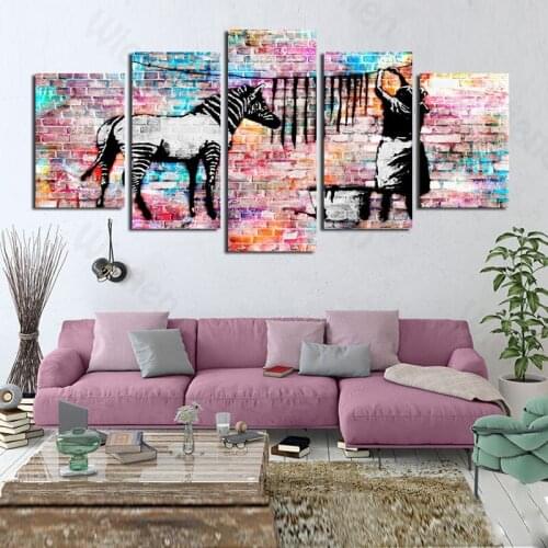 Modern Home Decoration 5 Pieces Living Poster Canvas Print Zebra & Clothes Dryer Decoration for Living Room Wall Art Frameless