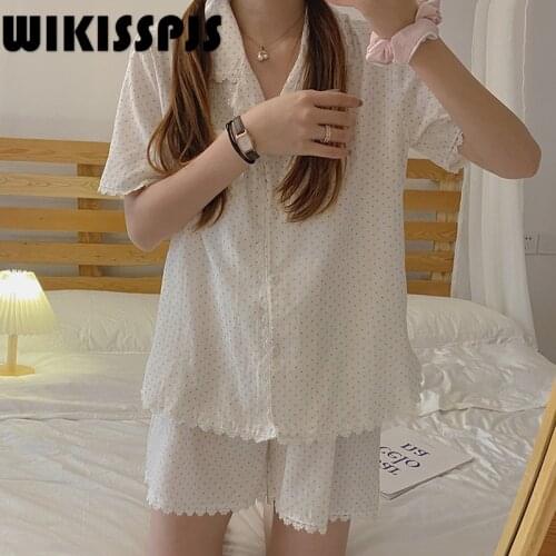 WIKISSPJS Summer Korean Loose Short Sleeve Shorts Two Piece Set Sweet Student Lace Edge Home Wear Lounge Wear Sleep Tops