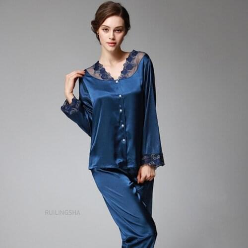 Women Summer Sexy Satin Silk Pajama Sets Plus Size Mens Pajama Lace Embroidery Homewear Female Long Sleeve Pijama Pajamas