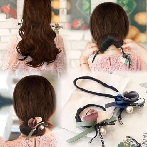 Women Flower Hair Curler Donut Bun Maker Big Pearls Ribbon DIY Hair Style Making Tools Korean Style Accessories