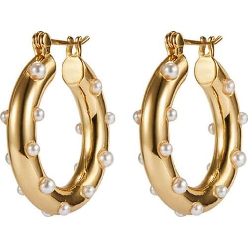 SRCOI Minimalist Fashion Gold Color Metal Round Earrings With Pearl Ball Geometric Circle Hoop Earrings For Lady Girl Weeding