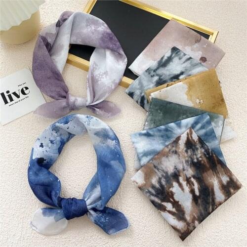58CM Korean Cotton Linen Small Square Scarf For Women Spring Autumn Hair Scarf Ink Printed Dyeing Ladies Neck Scarves Decorative