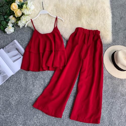 Women Summer Fashion Casual Vactation Beach Chiffon Top Blouse + Wide Leg Pants 2pcs Sets
