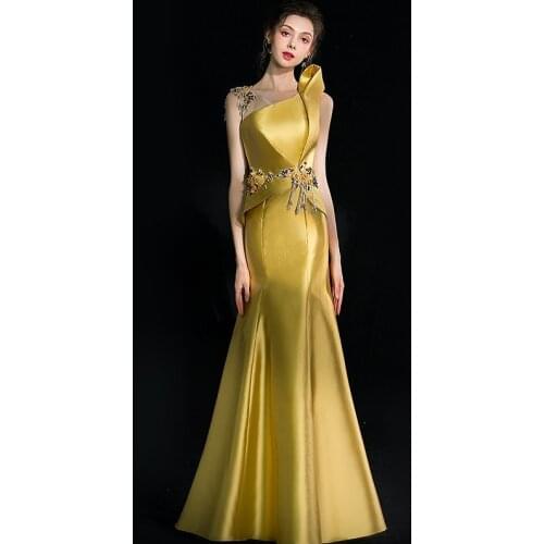 Yellow Prom Dresses Mermaid Satin Flower Appliques Beaded Long Formal Party Ceremony Guest Quinceanera Evening Gowns New Elegant