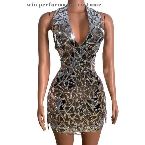 SparklyMirror Birthday Outfit For Women Party Bling Fringe Dress Modern Dance DJ Team Show Rave Pole Dance Clothing Dj Costume