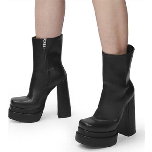 Winter Genuine Leather Boots Luxury Solid Square Toe Platform High Heel Ankle Boots Side Zipper Fashion Booty Plus Size 43