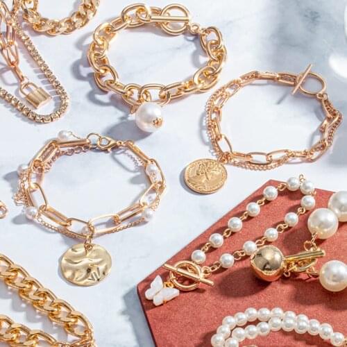 ZWC 4pcs Punk Curb Cuban Chain Bracelets Set for Women Miami Boho Thick Gold Color Charms Bracelets Bangles Fashion 2021 Jewelry