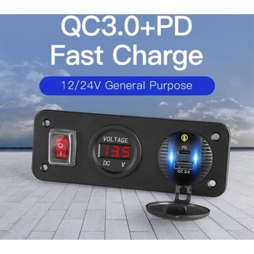 12V 24V Car QC3.0 USB Type C PD Fast Charger With LED Voltmeter ON OFF Switch Panel for Car Boat Marine RV Truck SUV