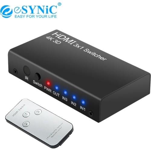 ESYNiC 3 Port HDMI Switch HDMI Hub 3 In 1 Out with IR Remote Support 4K 3D HDMI Switcher For Blu-ray DVD PS3 Laptop Projector