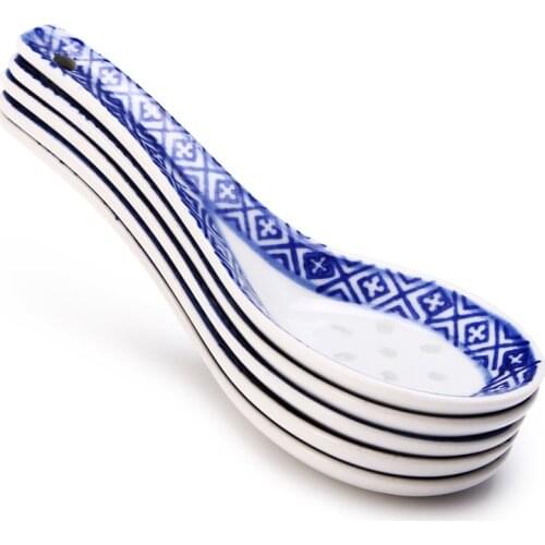 5Pcs China Chinese Style Ceramic Spoon Children Rice Scoop Spoon Kitchen Tableware Stir Spoon Soup Spoons Blue Dinner For Kids