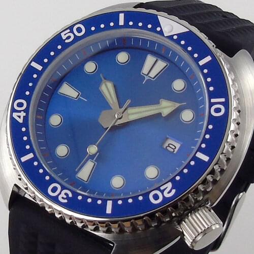 45mm Japan NH35A Sterile Blue Mechanical Automatic Men Top Watches Sapphire Crystal Luminous Black Strap Silver Case 5ATM