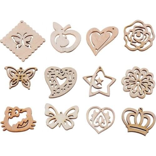 Best Quality 50Pcs Flatback Wood Craft Decoration Promotions Scrapbooking Embellishments Mixed Styles Pendants 25-30mm