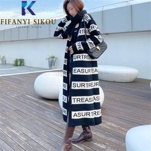 Long Cardigan Women Letter Knitted Sweater Jacket Autumn Winter Thick Warm Knit Coat V-Neck Fashion High Quality Loose Sweaters