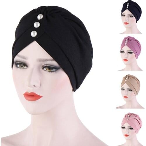 Indian Women Stretchy Turban Hat Pleated Muslim Head Wrap Cover Cancer Chemo Caps Fashion Arab Beanie Bonnet Beads Headscarf Hat