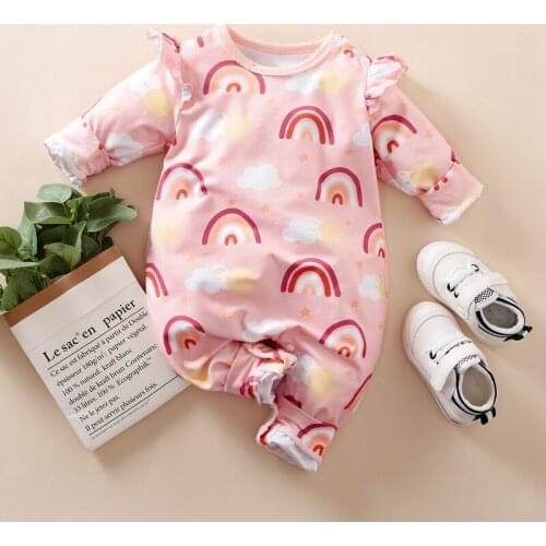 Hibobi 2021 Spring and Autumn Baby Girl Rainbow Pattern Ruffle Long Sleeve Jumpsuit Pajamas 0-18 Months