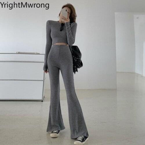 Two Piece Set Fall Long Sleeve Crop Top Knit Sweater Pullover + Flare Pant Suit Bell Bottom Trouser Tracksuit Outfit Women Sexy