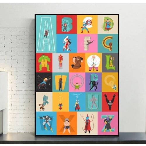 Marvel Superhero ABC Illustration Poster Gift Prints Avengers Iron Man Canvas Painting Wall Art For Children Bedroom Decor