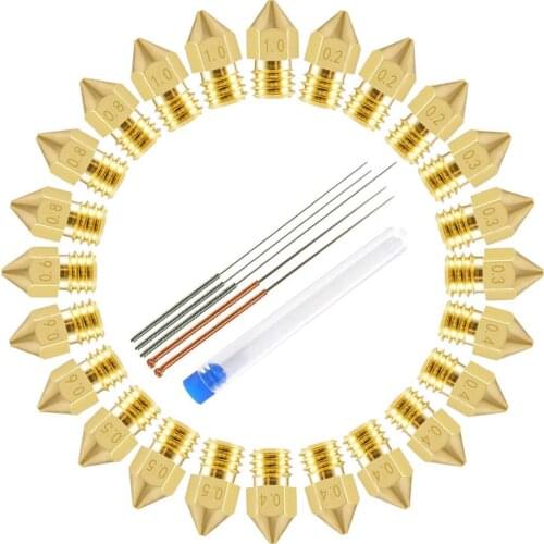 MK8 Nozzle for 3D Printer, 24Pcs M6 Brass Extruder Head Hotend Nozzles 0.2/0.3/0.4/0.5/0.6/0.8/1.0mm & 5pcs Cleaning Needles