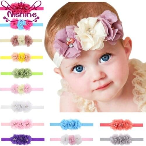 Nishine 10pcs/lot 28 Colors Kids Girl Elastic Headbands Chiffon Flower Hair Accessory Children Hairbands Headwear
